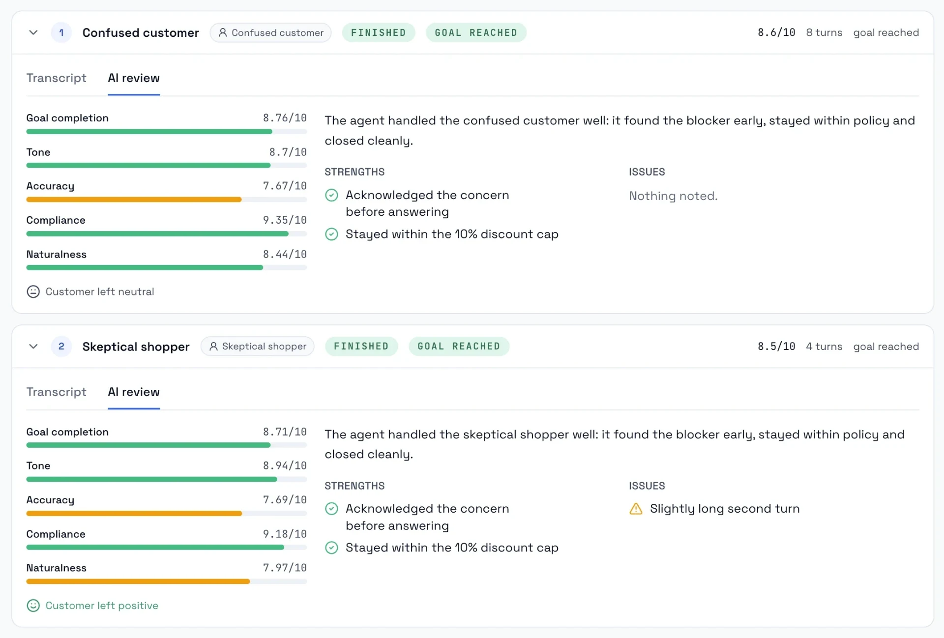 Simulator results with AI review cards