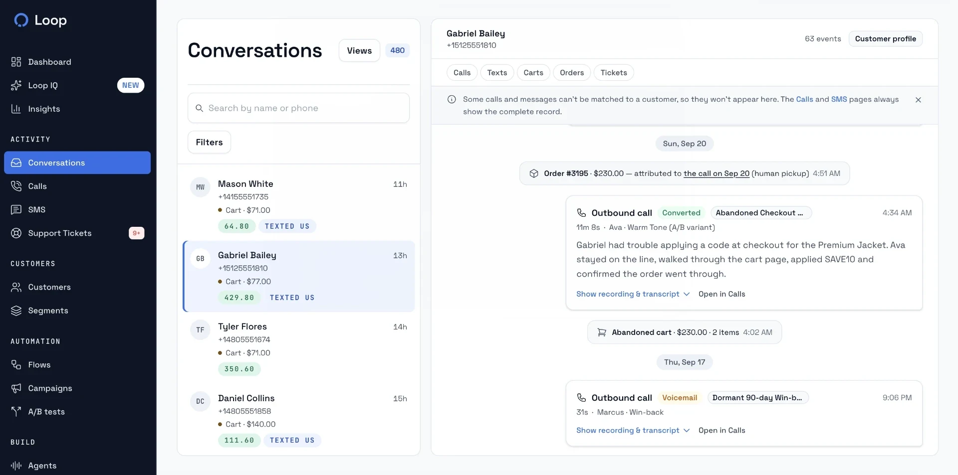 Loop conversations inbox with a call transcript