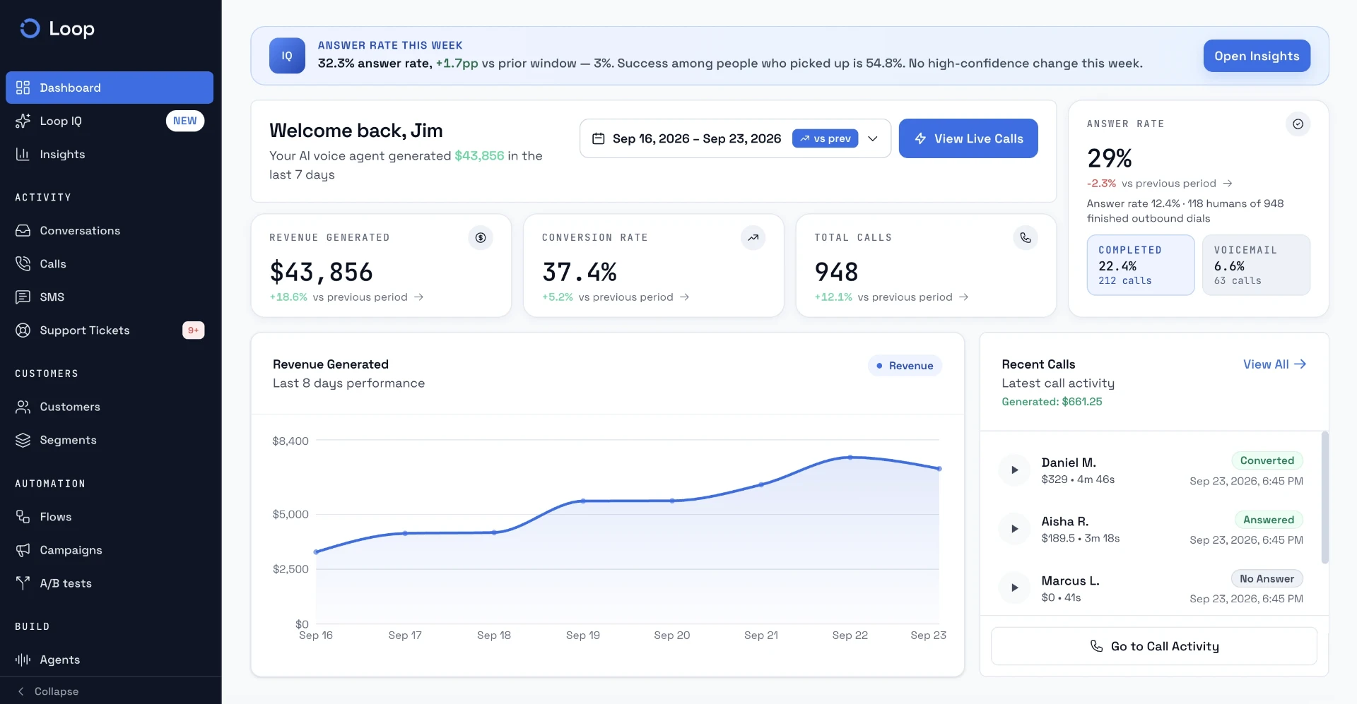 Loop dashboard with revenue chart, conversion rate, total calls and recent calls