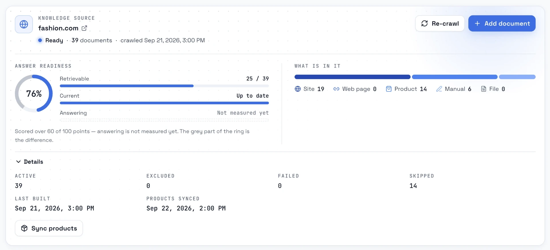 Loop Voice knowledge source for a store website with answer readiness and indexed pages, products and files (sample data)