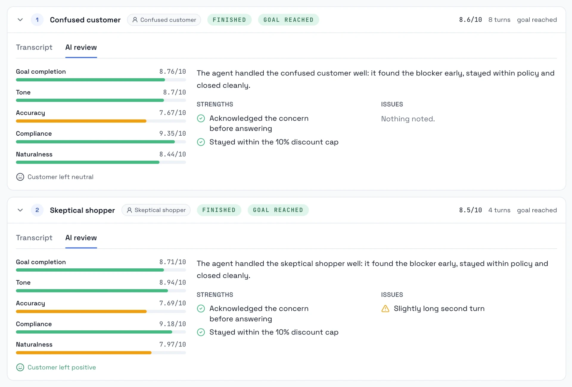Simulator results with two AI review cards