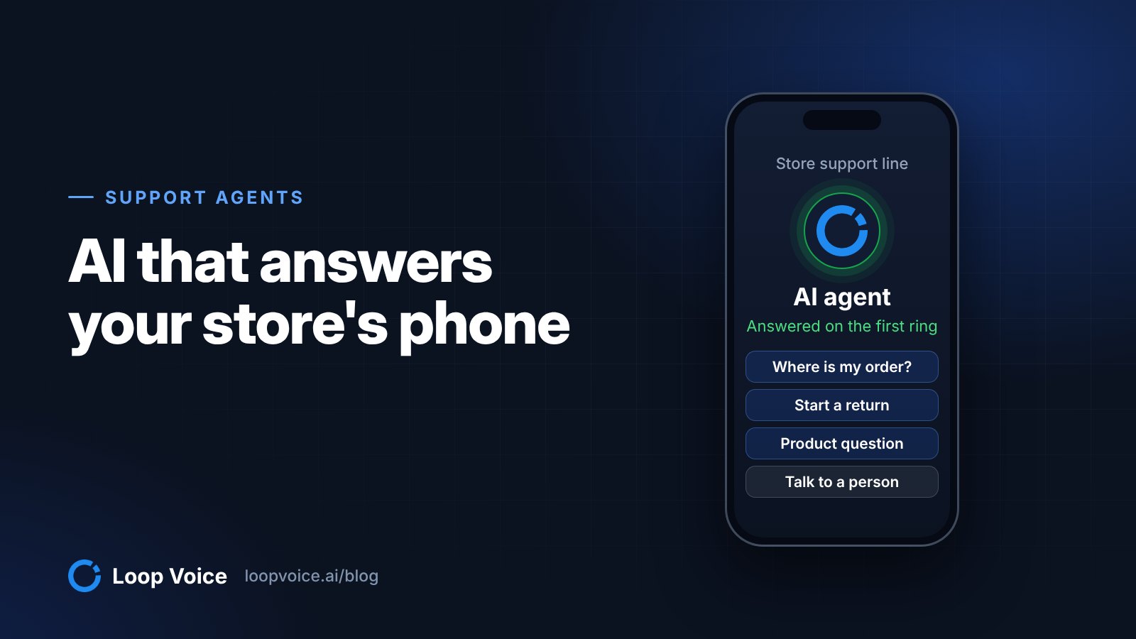 Cover: a phone showing an AI agent answering a store support line on the first ring